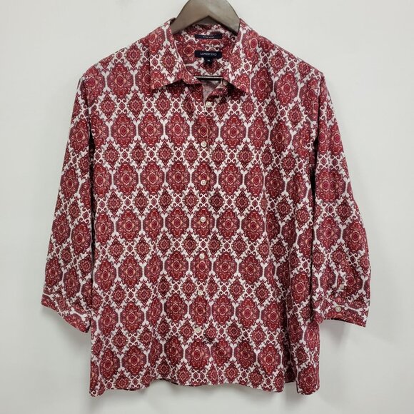 Lands End Womens No Iron Geometric Button Up Shirt Size 18 Pink Office Career - Picture 1 of 10